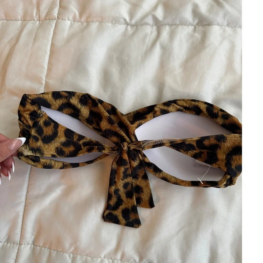 Women's Leopard Print Knot Front Bandeau Bikini Top Size
